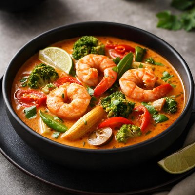 Coconut red thai curry with vegetables and shrimps