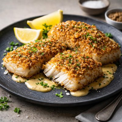 Cod coated in mustard and panko