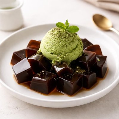 Coffee jelly with matcha ice cream