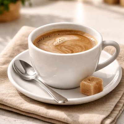 Coffee with a bit of milk and sugar cube