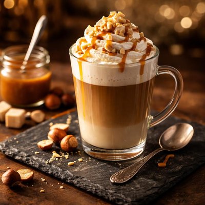 Coffee with caramel and hazel syrup