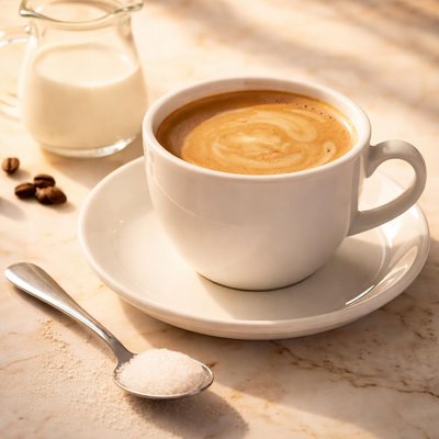 Coffee with milk and a tsp of sugar