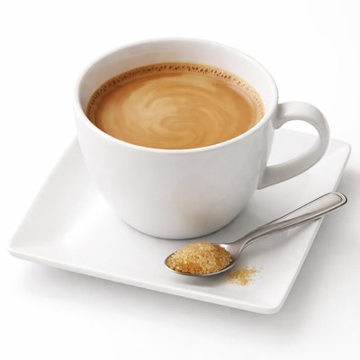 Coffee with milk and half teaspoon of unrefined sugar