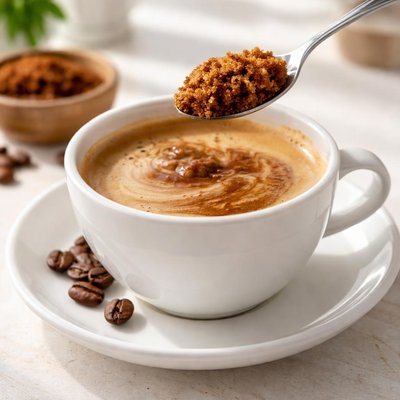 Coffee with milk and one teaspoon muscovado