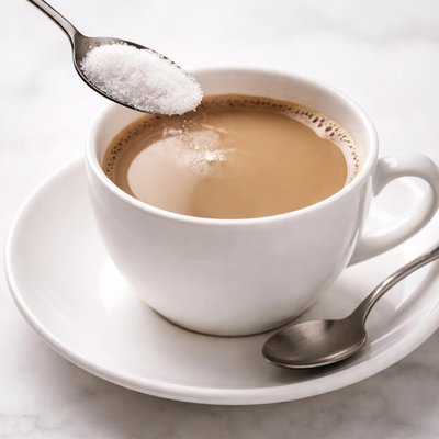 Coffee with milk and teaspoon of sugar