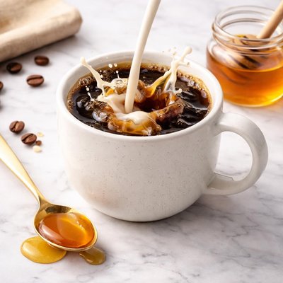 Coffee with splash of milk and tablespoon honey