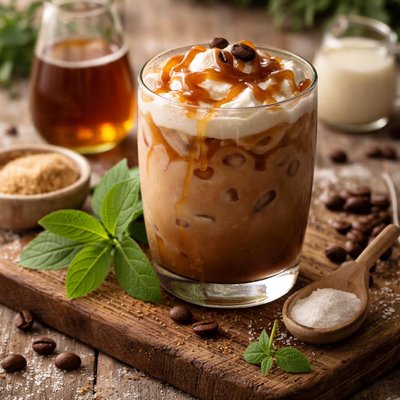 Coffee with stevia and caramel syrup