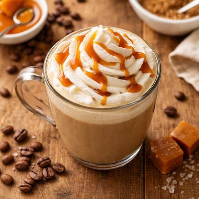 Coffee with whipped cream and caramel drizzle