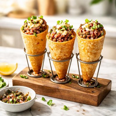 Cone frito com tartaro de novilho