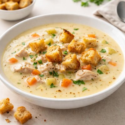Continential creamy chicken soup with croutons