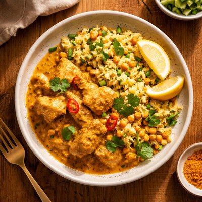 Cook unity chicken korma with lemon chickpea rice