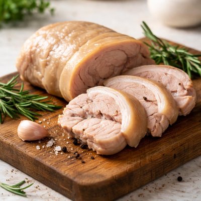 Cooked boiled pork with skin