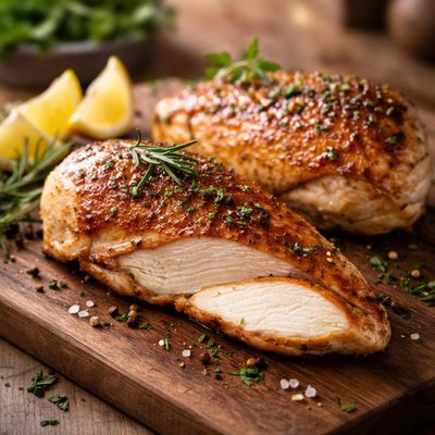 Cooked chicken breast with skin