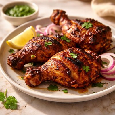 Cooked chicken tandoori thigh