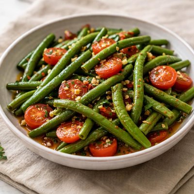 Cooked green beans with tomatoes