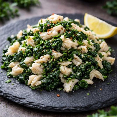 Cooked grinded fish and spinach