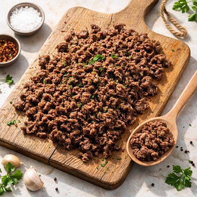 Cooked ground hamburger meat