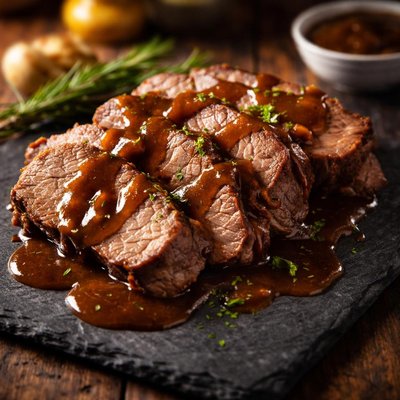 Cooked meat with gravy