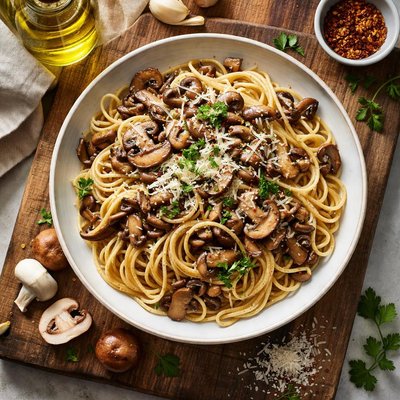 Cooked mushroom spaghetti with cheese