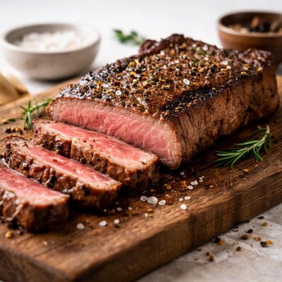 Cooked new york strip steak