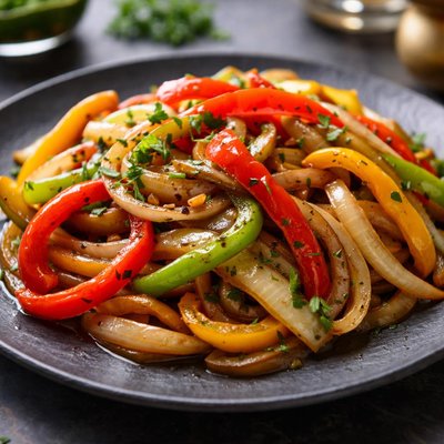 Cooked peppers and onions