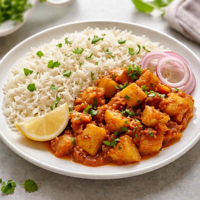 Cooked rice with aloo ki sabzi