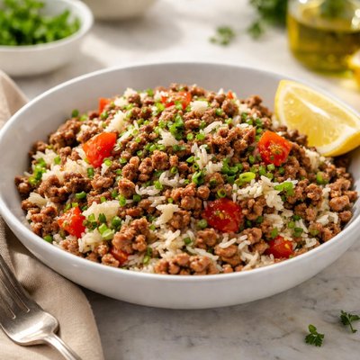 Cooked rice with ground meat