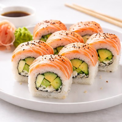 Cooked salmon avocado sushi