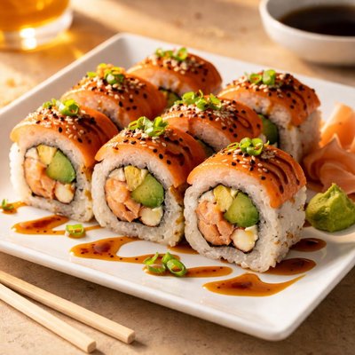 Cooked salmon avocado sushi roll