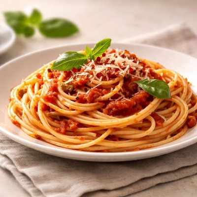 Cooked spaghetti with tomato sauce