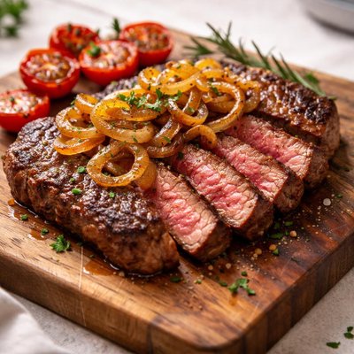 Cooked steak with onions amd tomatos