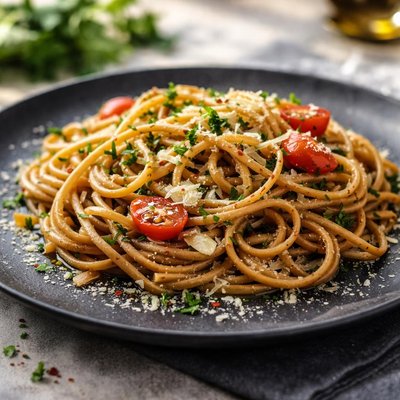 Cooked whole wheat pasta in olive oil