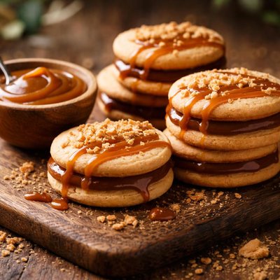 Cookie with caramel spread and biscuit