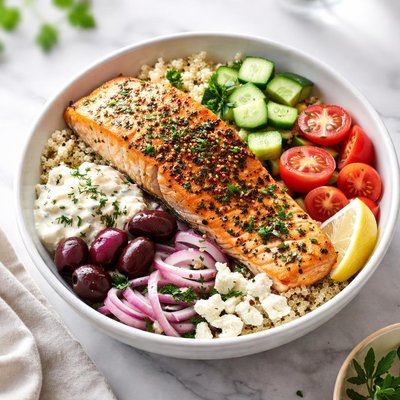 Cool unity greek roasted salmon bowl