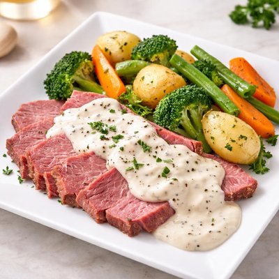 Corn beef white sauce and vegie