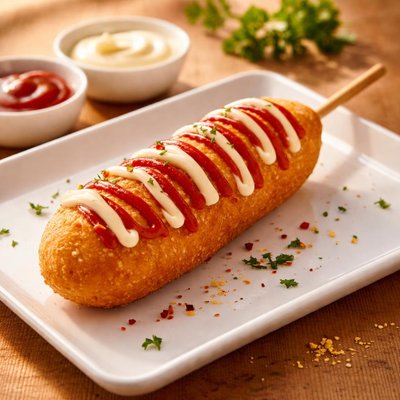 Corn dog with mayonnaise and ketchup