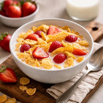 Corn flakes with strawberries and milk