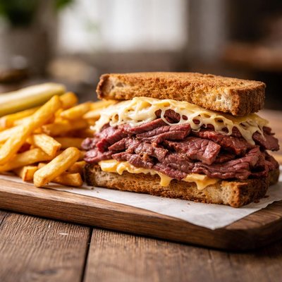 Corned beef sandwich and fries