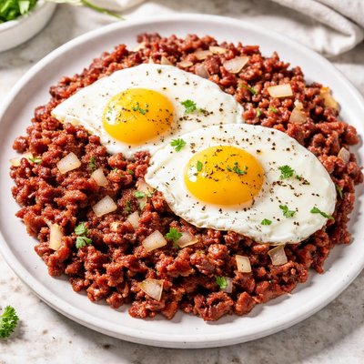 Corned beef with diced onions and egg
