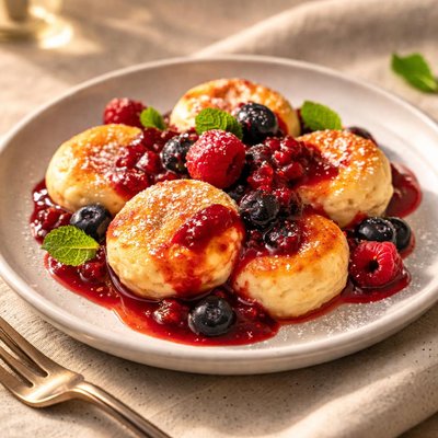 Cottage cheese dumplings with fruit sauce