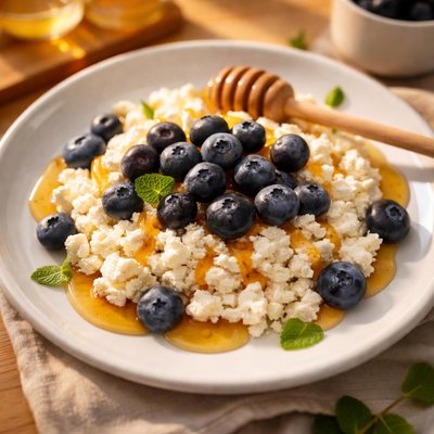 Cottage cheese with honey and blueberries