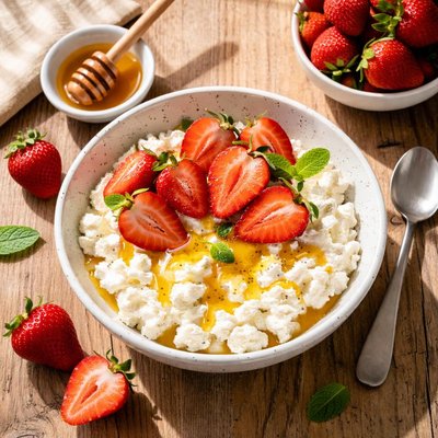 Cottage cheese with honey and strawberries