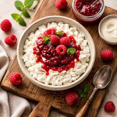 Cottage cheese with raspberry jam