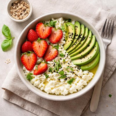 Cottage cheese with strawberries and avocado