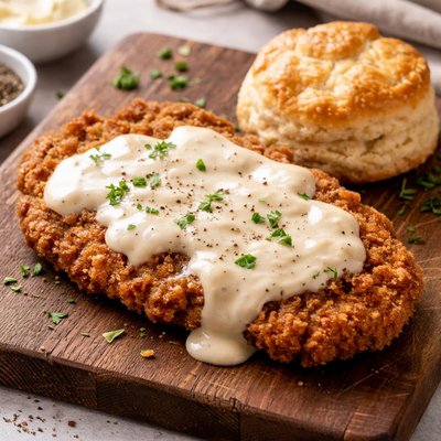 Country fried steak and biscuit
