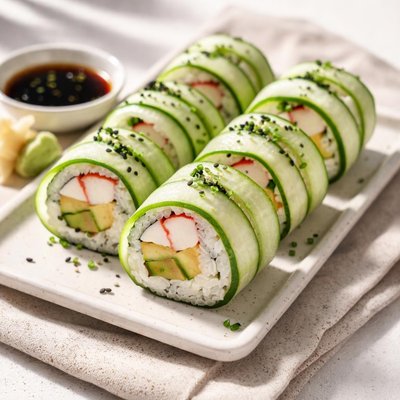 Crabstick and avocado inside wrapped with cucumber