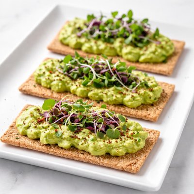 Cracker with avocado spread and microgreens
