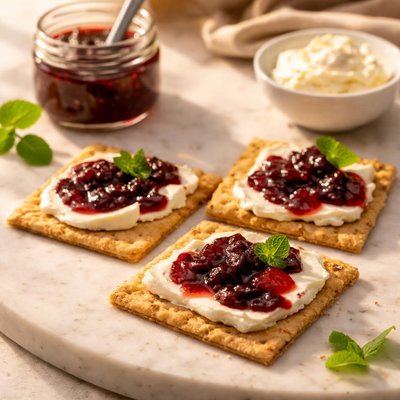 Cracker with cream cheese and jam