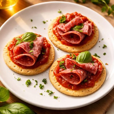 Cracker with salami and red sauce