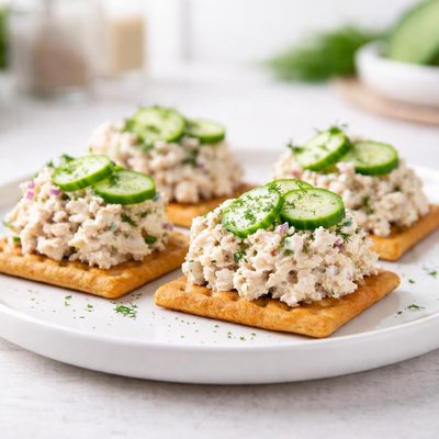 Crackers with chicken salad and cucumber